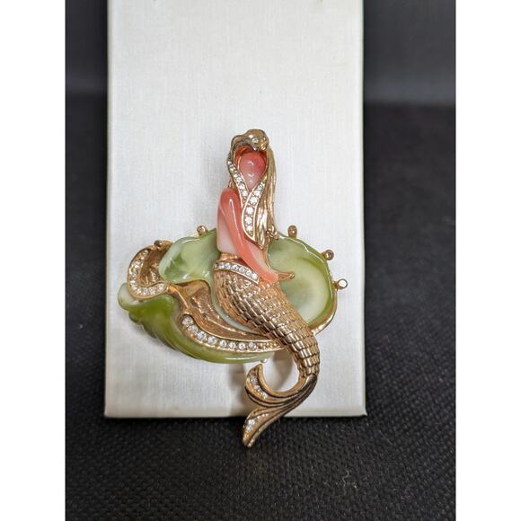 Hattie Carnegie Mermaid Brooch Faux Orange Coral/Jade w/Rhinestones Unsigned 2” - Picture 2 of 6